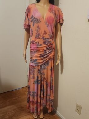 Maeve Anthropologie Peach Floral Wrap-Style Maxi Dress